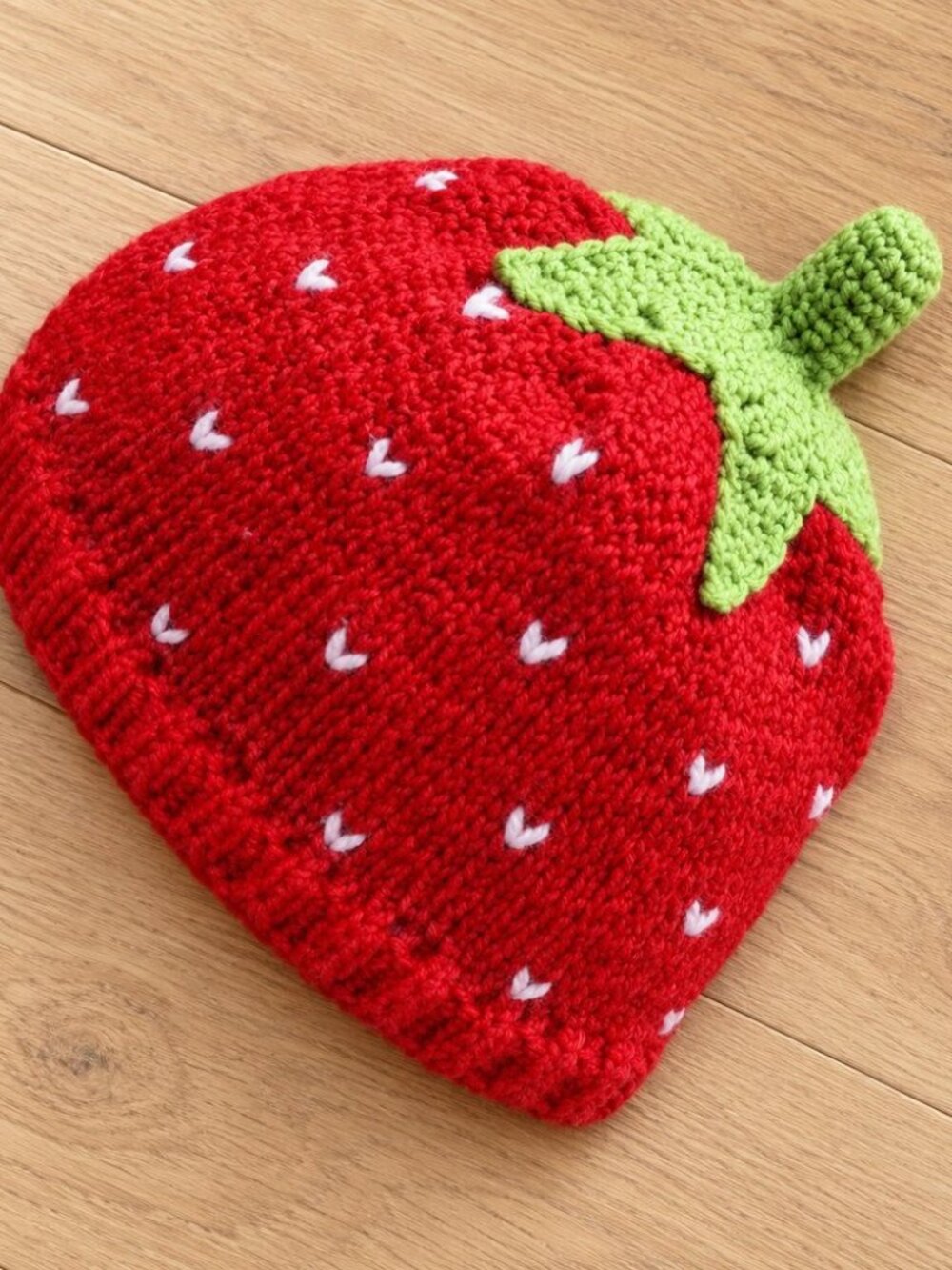 Strawberry knit hat - cute crochet beanie with leaf and stem